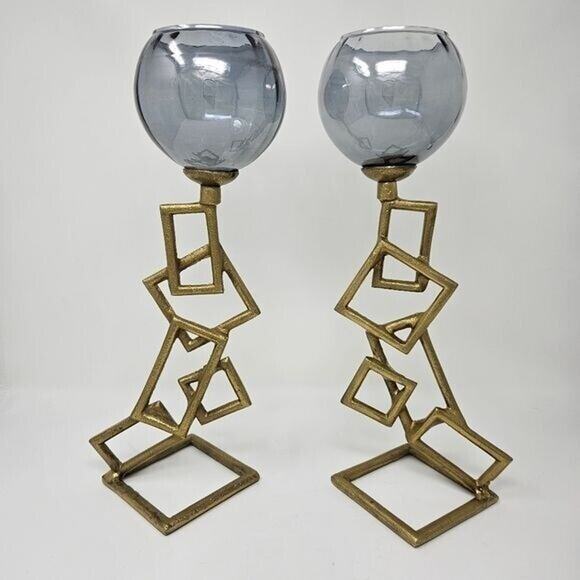 Candle Holders Modern Geometric gold with blueglass - Picture 1 of 6
